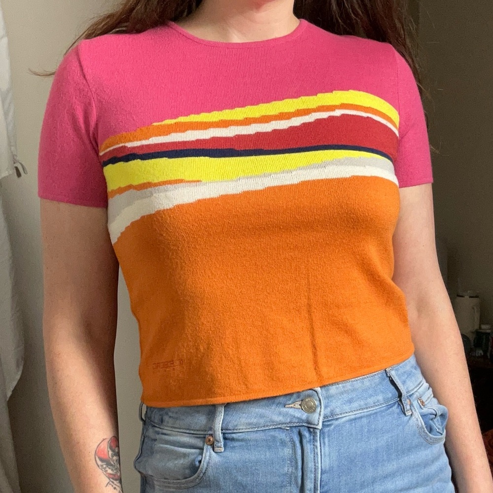 Vintage 90s Iceberg Jeans short sleeve multicolor sweater tshirt - size S/M